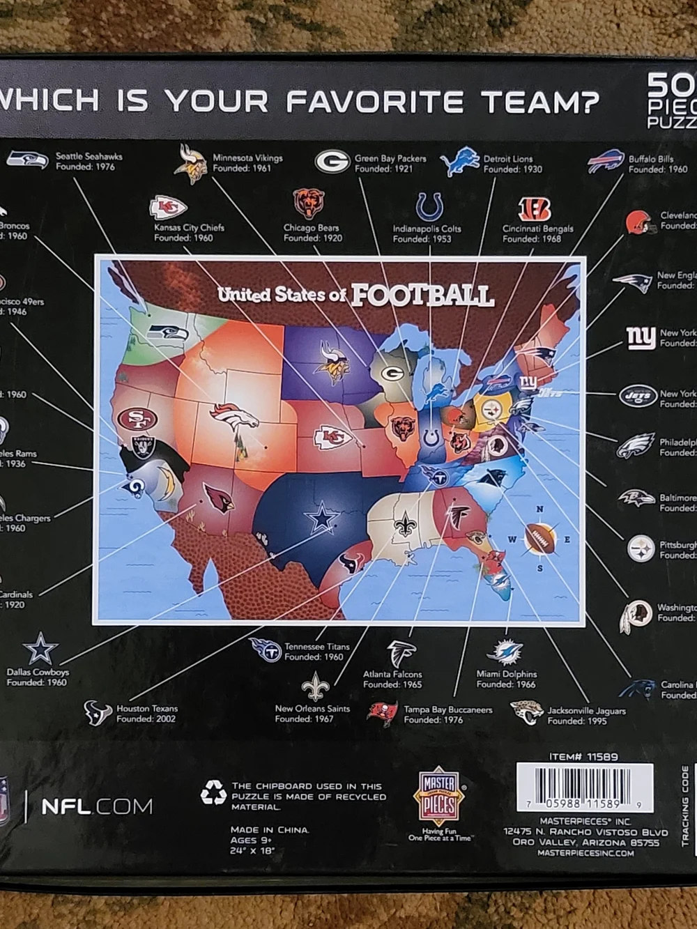 NFL Football Map 500 Piece Puzzle 24x18 MasterPieces Vintage Team Logos
